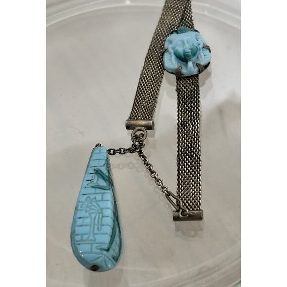 Antique Foster & Bailey Sterling Mesh Egyptian Revival BRACELET w/Neiger Glass - Picture 4 of 6